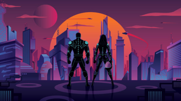 book-cover like: semi-robotic warriors, man and woman, stand before a sunset in urban environment