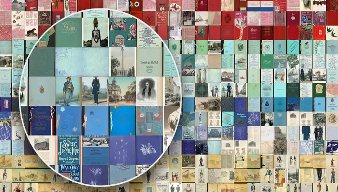 A collage of many artworks make each art image look like tiny tiles in a mosaic.