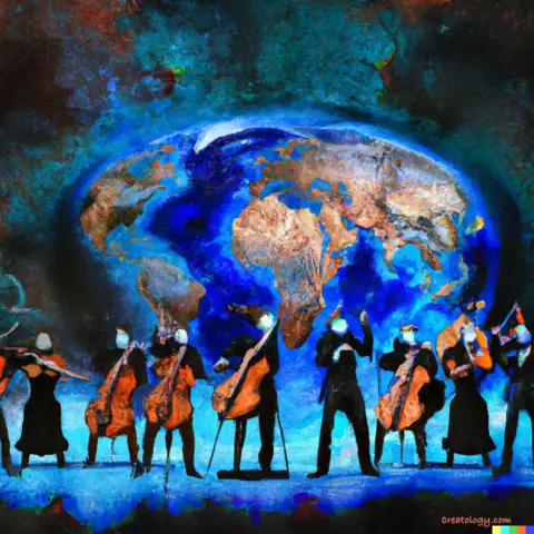 Masked musicians perform a symphony in front of a backdrop prop of Earth and the cosmos, digital art.