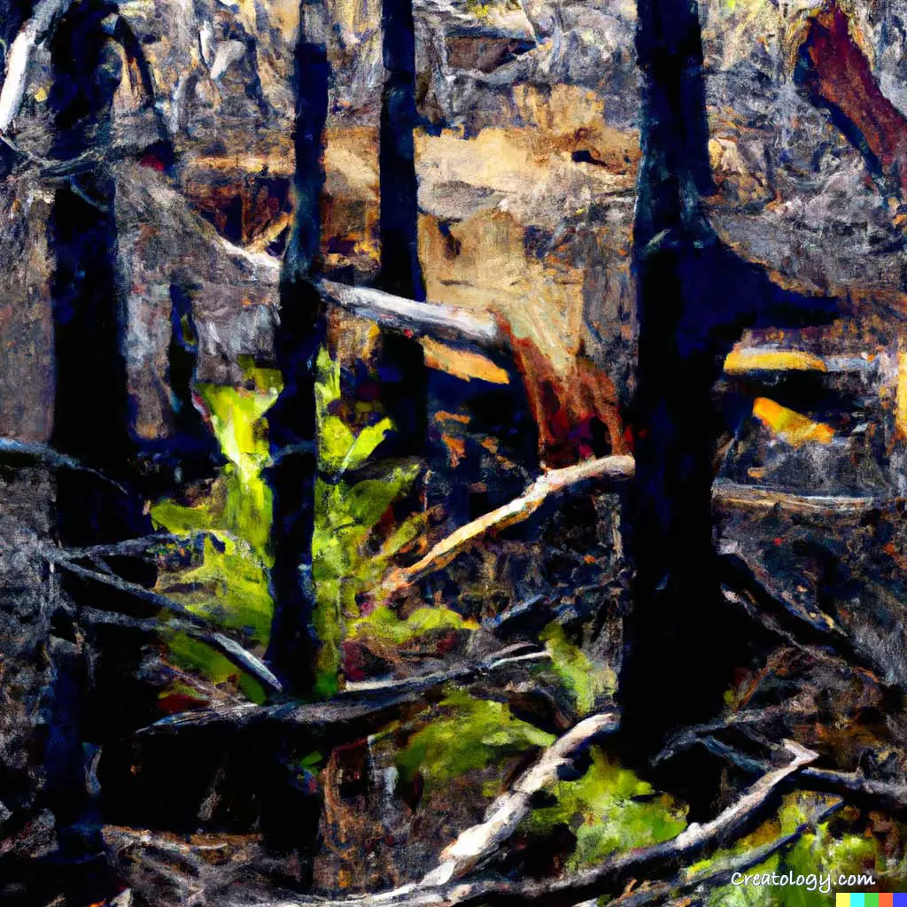 Signs of restoration and life emerge as we pan across a fire-damaged forest landscape from left to right, digital art.