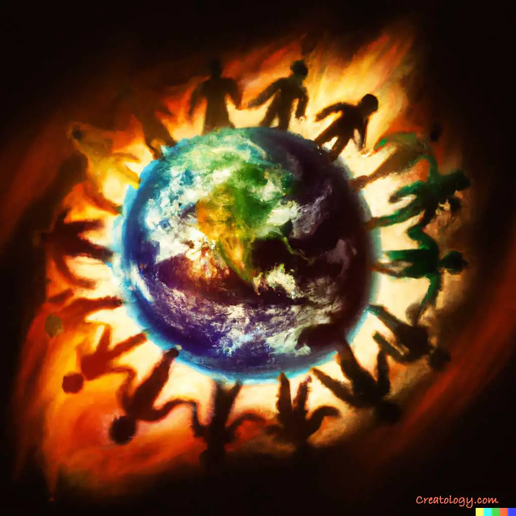 Diverse group of large, symbolic individuals hold hands around the Earth, protecting it from harm, surreal digital art.