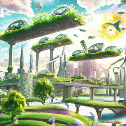 A futuristic city with flying autos appears to be constructed entirely of plants, windmills, and solar panels, digital art.