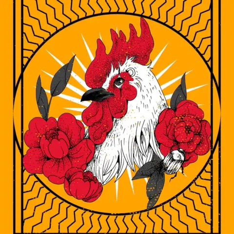 A rooster, roses, and flowers are framed by embellishments and text messages, poster style: “Save Earth – for all Earth creatures – All of us” and “Creatology.com”