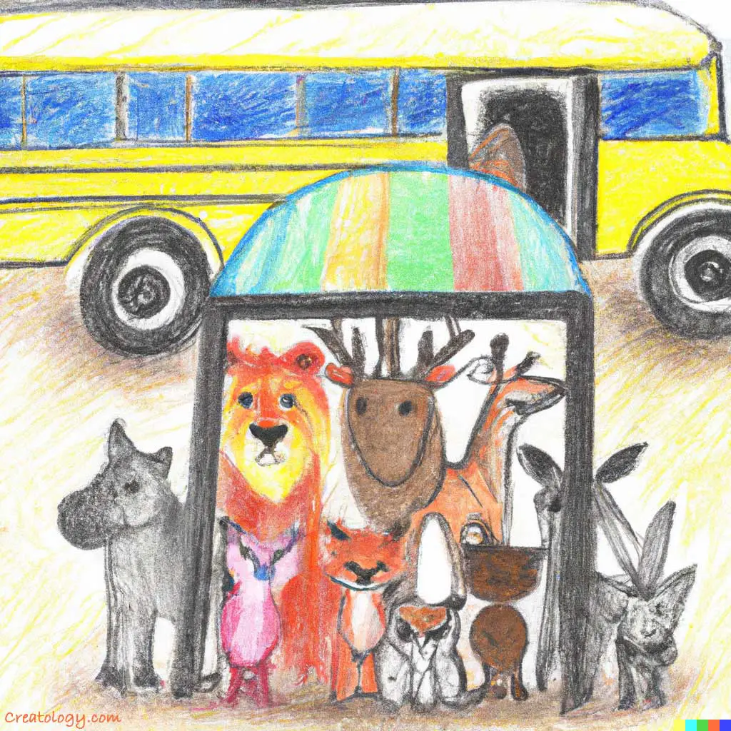 Color pencil and pastel drawing of animals waiting for bus transportation to safety, child’s viewpoint (a yellow school bus), digital art.